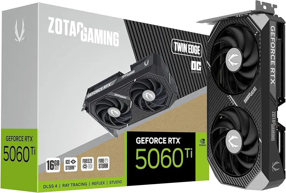 ZOTAC Placa gráfica gamer GeForce RTX 5060 Ti 16GB Twin Edge OC DLSS 4 16GB GDDR7 128-bit 28 Gbps PCIE 5.0 Gaming, IceStorm 2.0 Cooling, SFF-Ready, ZT-B50620H-10M