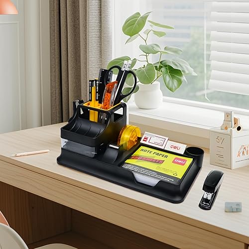Miniatura 8 de deli Suministros de oficina negros para escritorio, 17 organizadores de escritorio y accesorios con 4 bolígrafos, dispensador de cinta, grapadora,