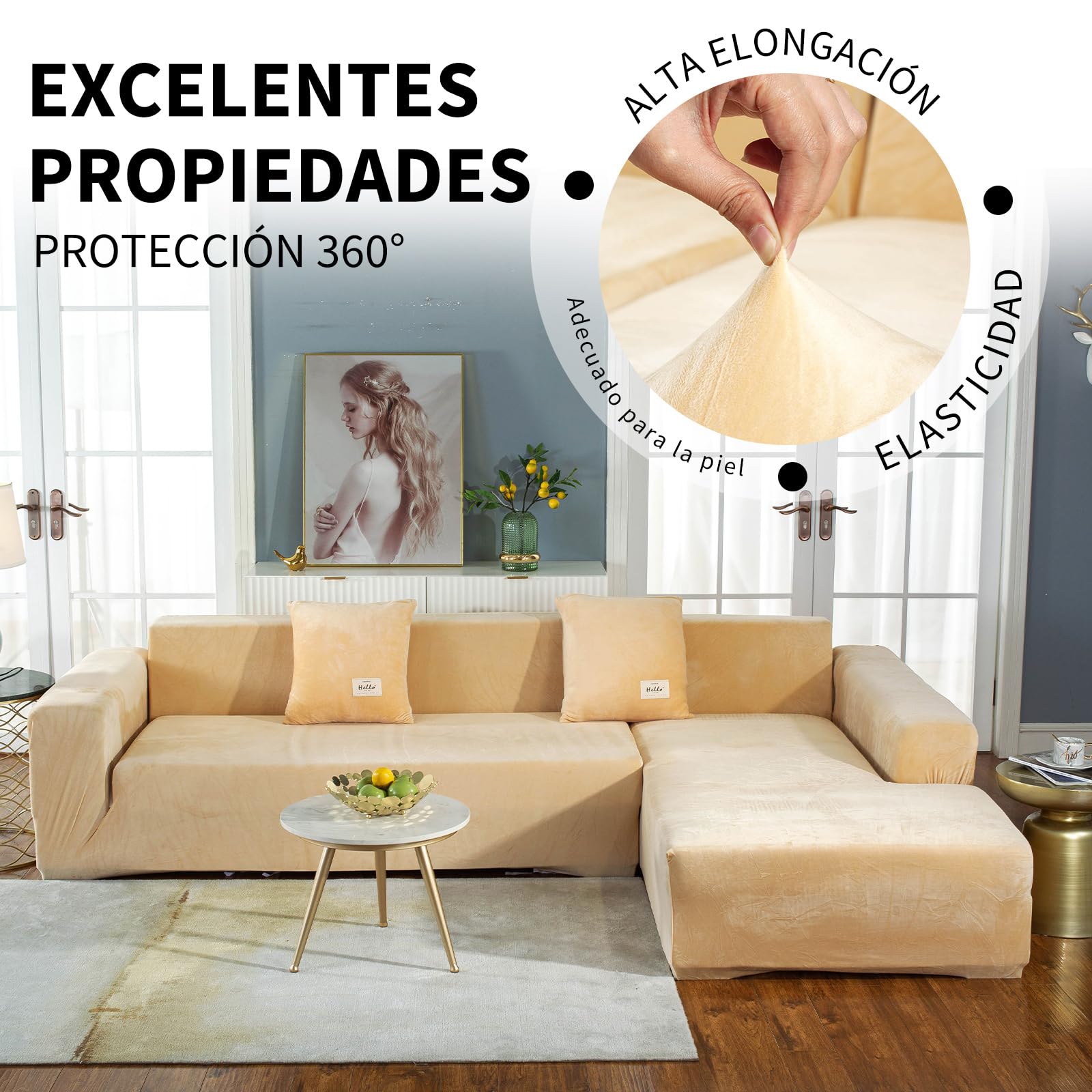 Funda Sofa Chaise Long, 2 Piezas, Antideslizante Elástico Funda de Sofá para Sala Protector para Perros Mascotas (1 Plaza, Beige)