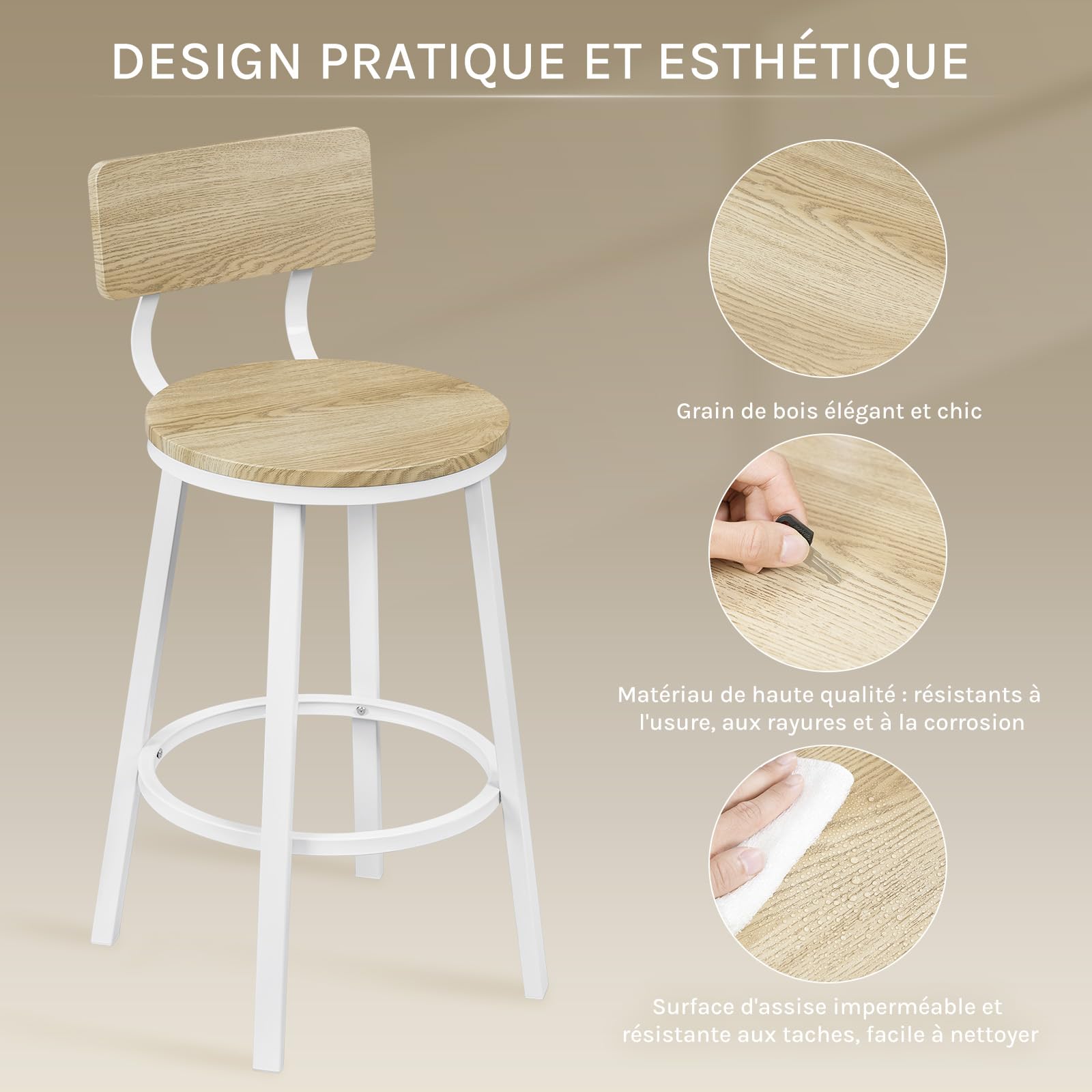 WOLTU Tabouret Bar Lot de 2, Chaise de Bar avec Repose-Pieds et Dossier, Tabourets Haut pour Îlot Central Cuisine, Salle à Manger, Café, Comptoir, en Métal, Chêne Clair