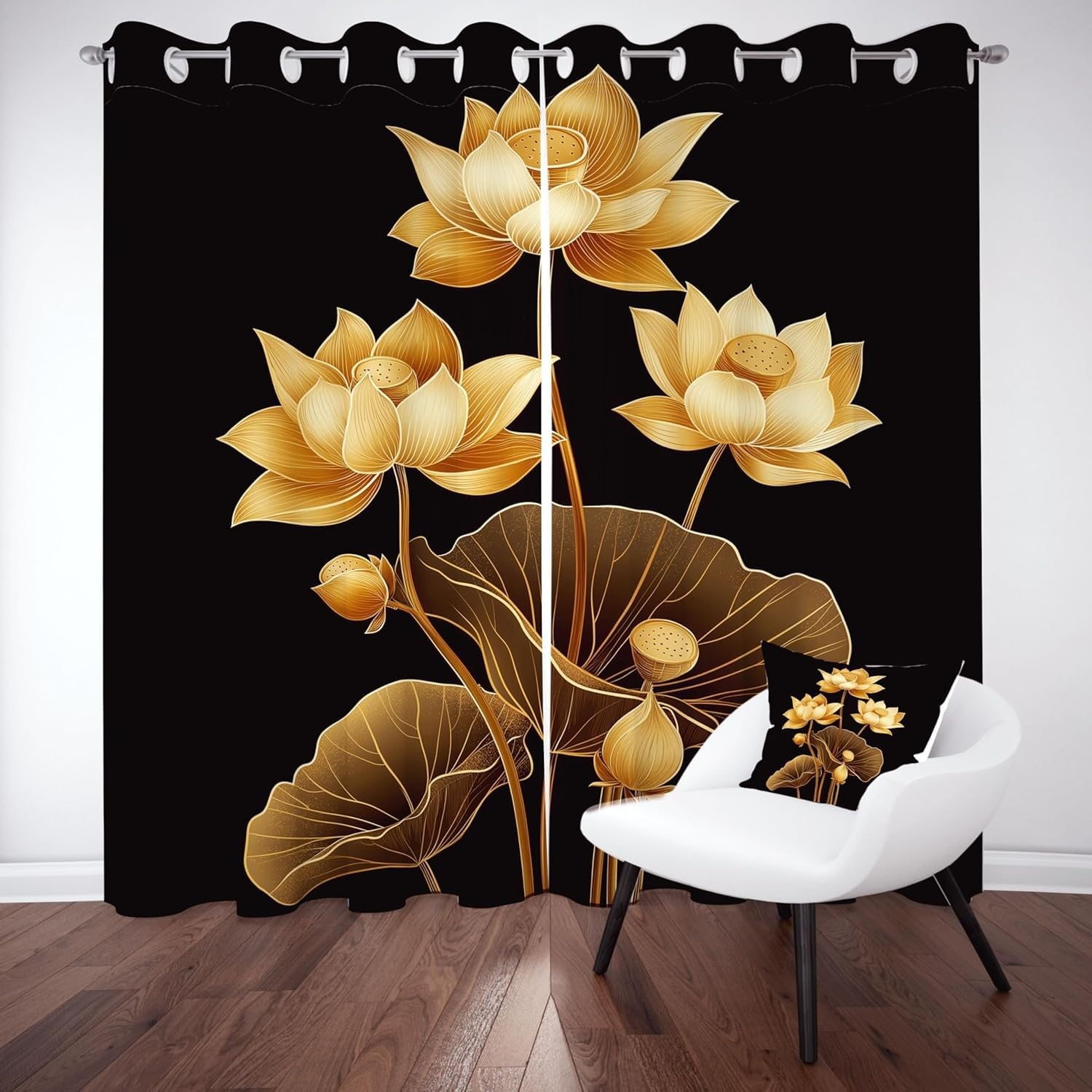 Czarne nieprzezroczyste zasłony do sypialni, zasłona termiczna z oczkami, zestaw 2 sztuk, wys. 300 x szer. 140 cm, złoty lotus, zasłony zaciemniające, ochrona przed hałasem