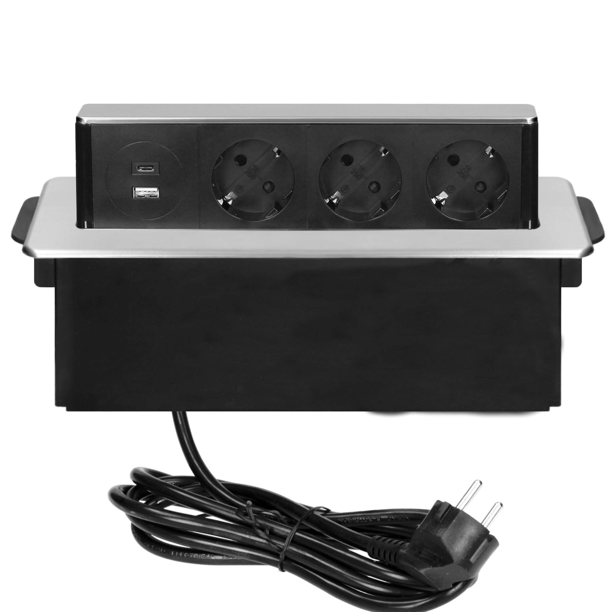 ORNO Regletas Enchufes Enchufe con USB Elegante Carcasa con Panel INOX De Acero Inoxidable con Tres Enchufes F con Conexión A Tierra Y 2 Entradas USB (3 Tomas de Corriente)