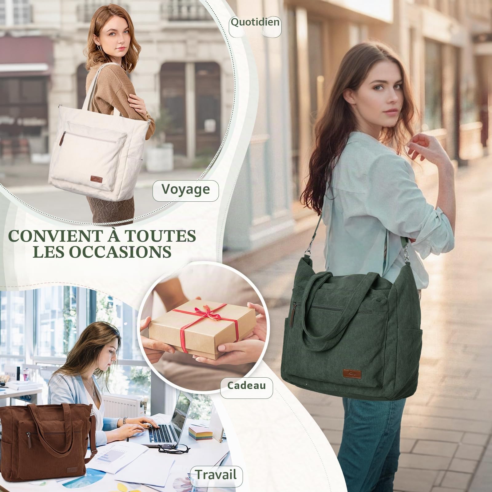 Grand Cabas Femme Velours Côtelé, Léger Sac Fourre Tout Zippé 15,6 Pouces Poches Multiples avec Bandoulière Amovible pour Travail École Voyage Gym