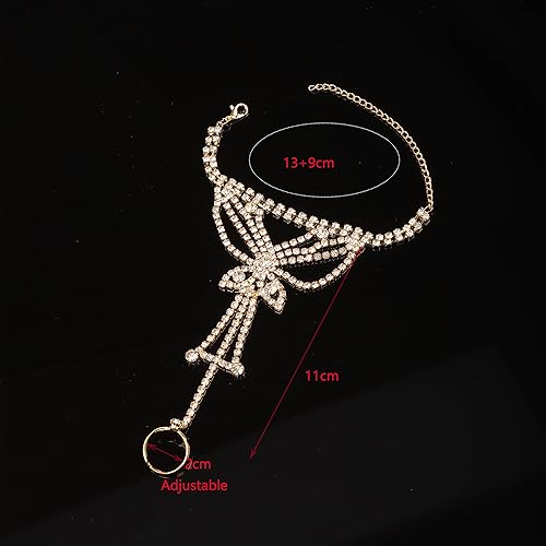 Miniatura 4 de YERTTER Elegante pulsera de eslabones de mariposa con diamantes de imitación de cristal plateado y dorado para boda, arnés de mano, anillos de dedo