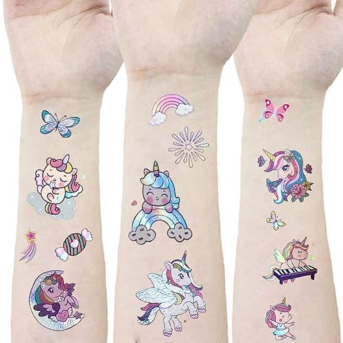 Sparkling Laser Glitter Temporary Tattoo for Kids, SHESRA Unicorn Tattoos for Girls Children Birthday Party Favors Supplies Great Kids Party Accessories Goodie Bag Stuffers Party Filler Gifts 6 Sheets