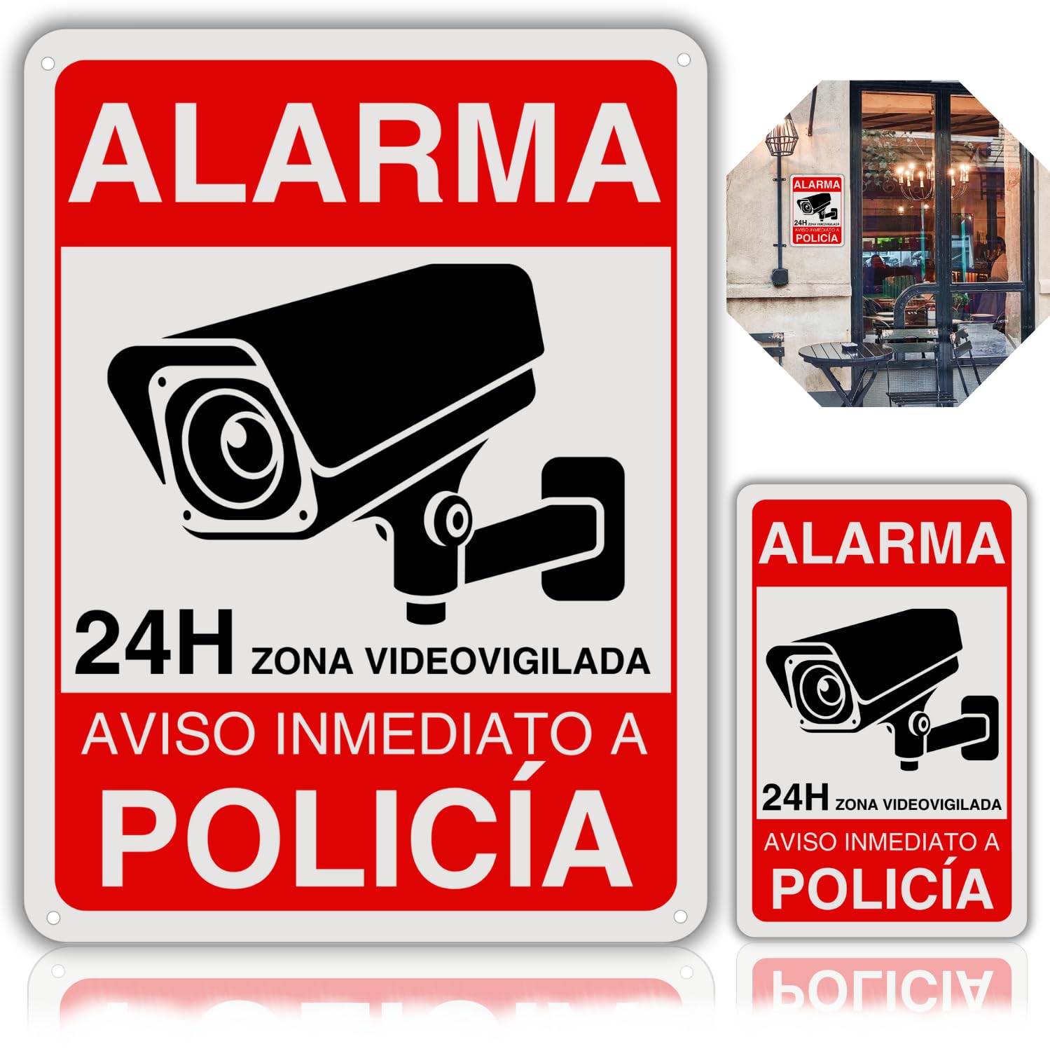 Pack Cartel Videovigilancia - 21x28 cm y 9x14 cm - Reflectante - Fabricado Aluminio - Grosor 0.8 mm - Cartel Zona Videovigilada - Entrada Vigilada (SET Carteles videovigilancia)