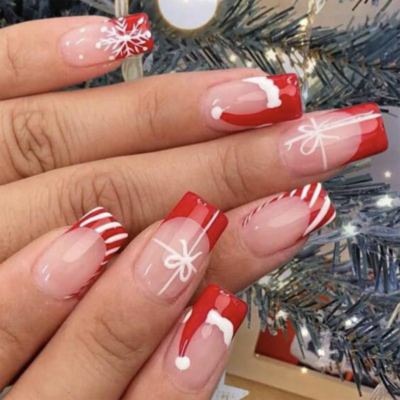 Christmas Press on Nails Short Fake Nails Red Santa Hat French Tip Glue on Nails Red White Stripes Snowflake Bow Pattern False Nails Press ons Square