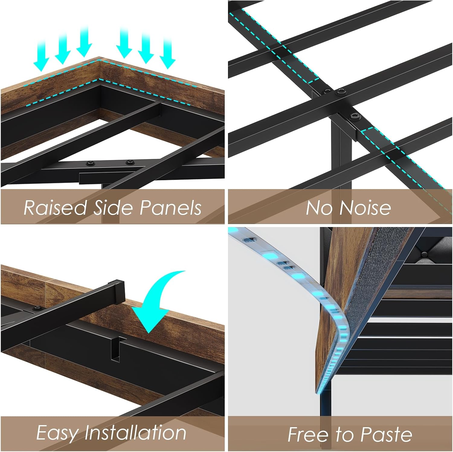 Diagram illustrating the sturdy construction of the bed frame with raised side panels, no noise design, easy installation, and free-to-paste LED strips.