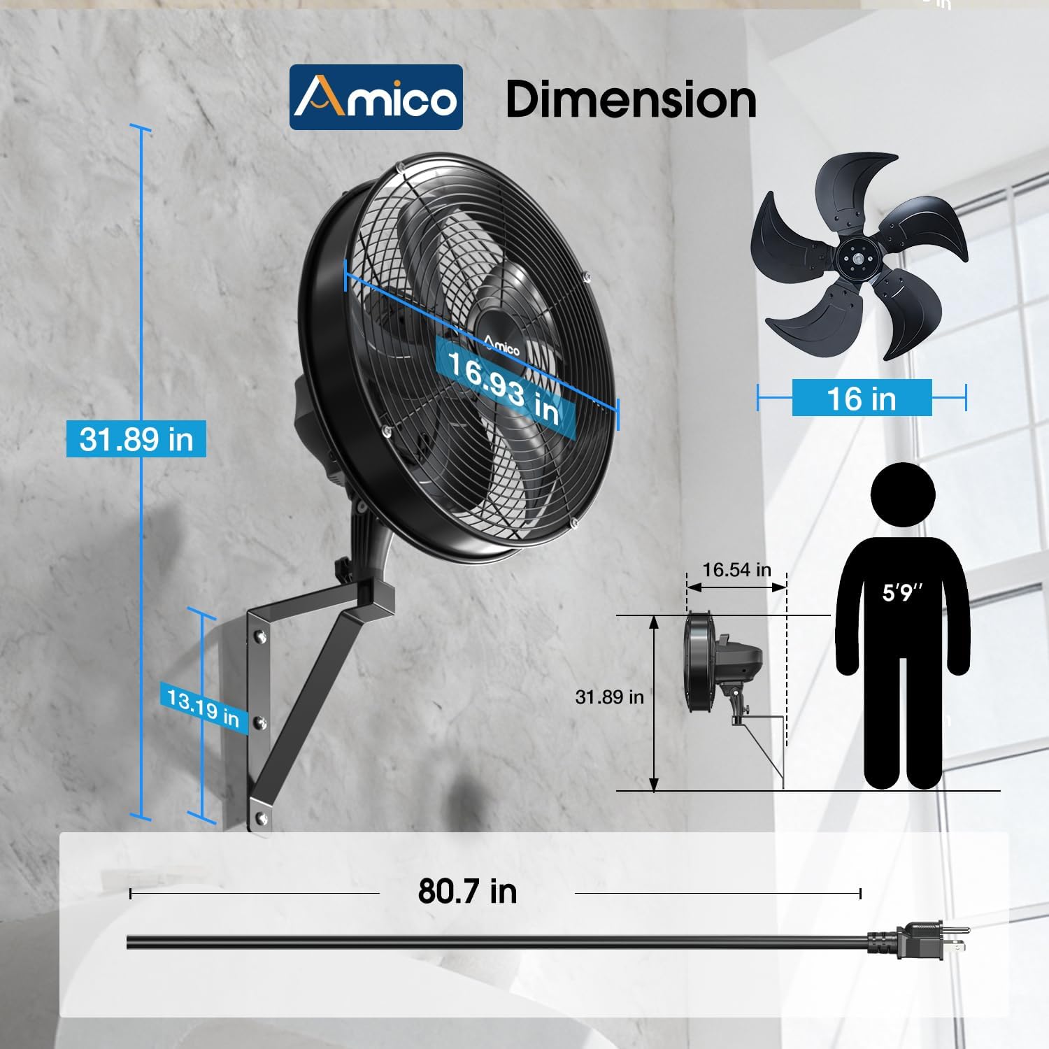 Amico 16 inch Indoor/Outdoor Wall Mount Fan with Remote, Industrial Waterproof Oscillating Wall Mounted Fan, DC Motor 8 Speeds High Velocity for Garage, Patio, Gym, Warehouse