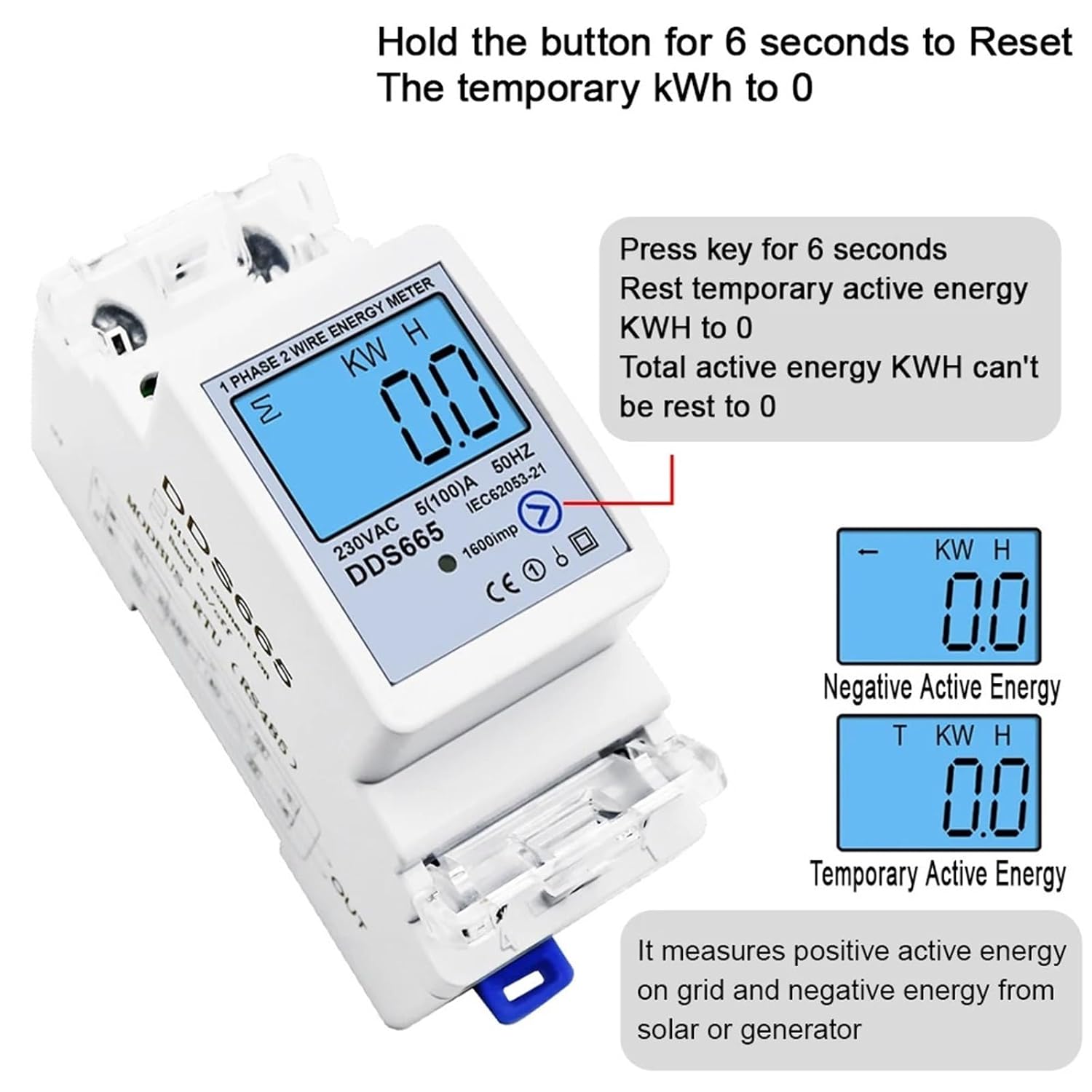 Bidirectional Energy Meter 230V 100A Reset Zero kWh Solar PV Power Voltage Current Frequency RS485 Communication Switch(DDS665-Switch,AC220V 60Hz)