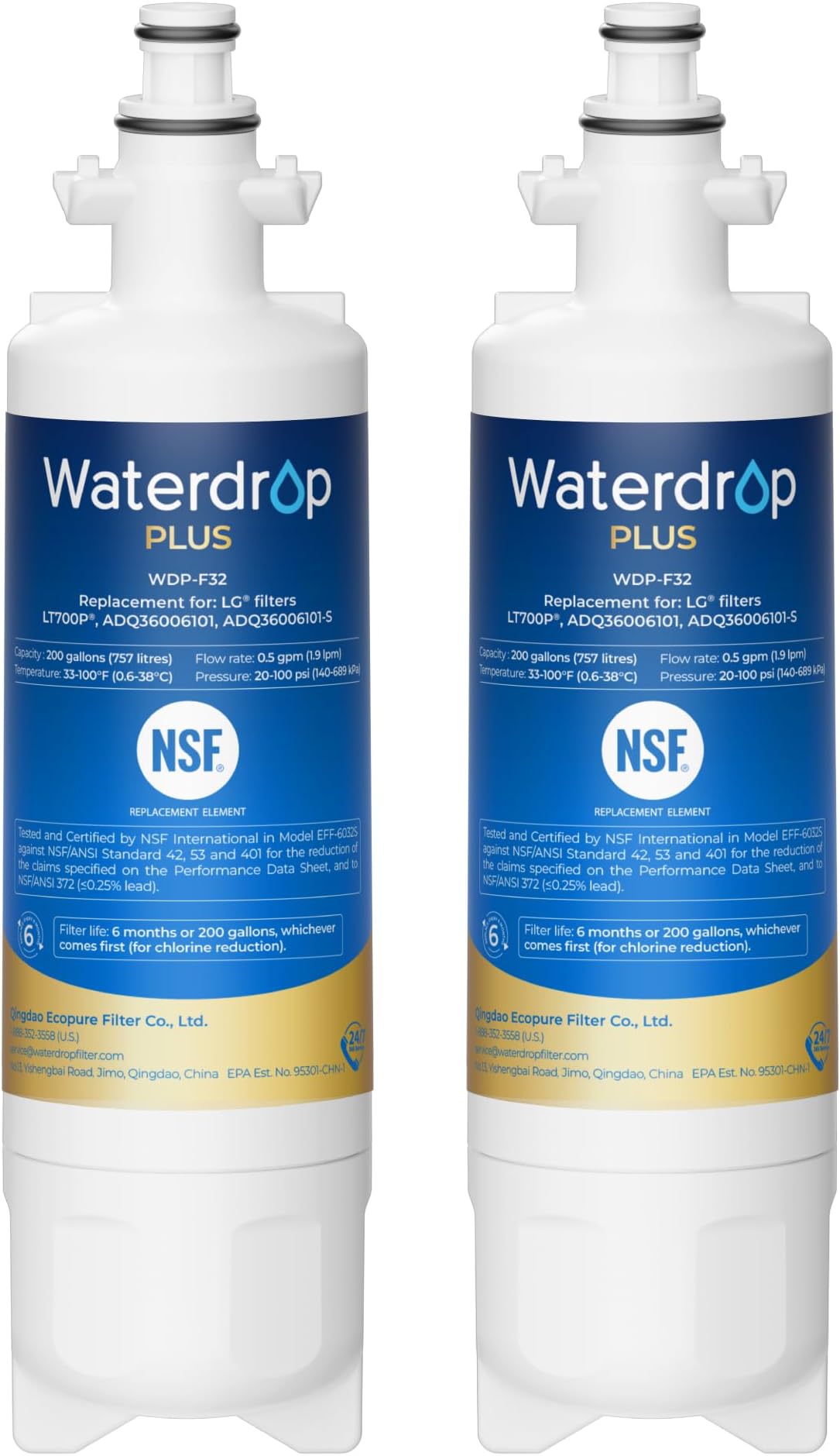 Waterdrop Plus 469690 ADQ36006101 NSF 42&372 Certified Refrigerator Water Filter, Replacement for LG LT700P, Kenmore 9690, ADQ36006102, 46-9690, LFXS30766S, WSL-3, FML-3, RFC1200A, Pack of 2