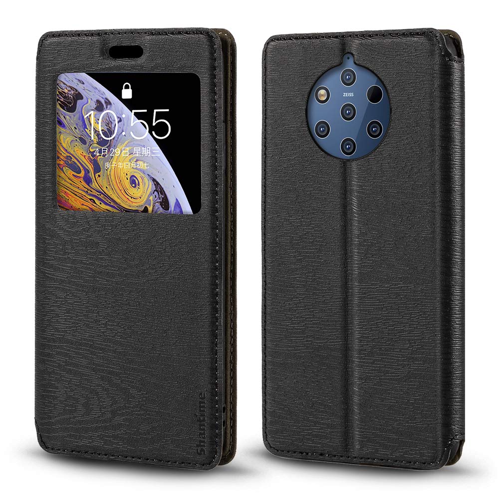 Shantime Nokia 9 Pureview Case, Wood Grain Leather Case with Card Holder and Window, Magnetic Flip Cover for Nokia 9 Pureview Black