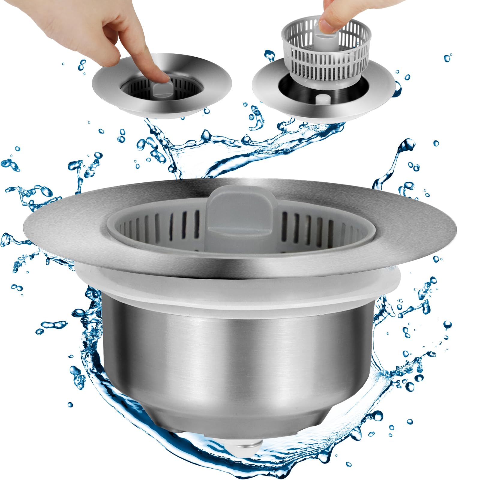 Pop up Kitchen Sink Drain Strainer Stopper, 3 in 1 Large Stainless Steel Sink Strainer for Dishes Food Catcher Clog-Free Odor Filter with Detachable Drain Basket