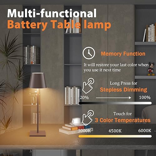 Miniatura 5 de Lámpara de mesa LED recargable, portátil de 5500 mAh, funciona con pilas, 3 temperaturas de color, lámparas de mesa inalámbricas regulables para