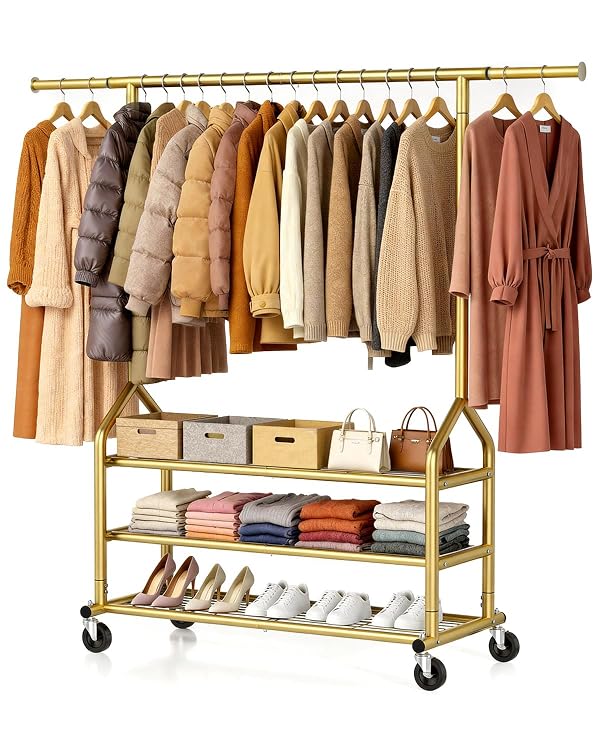 EAGMAK Heavy Duty Clothing Rack, Rolling Clothes Rack with 3 Shelves, Gold by EAGMAK - Used condition - US$101.36