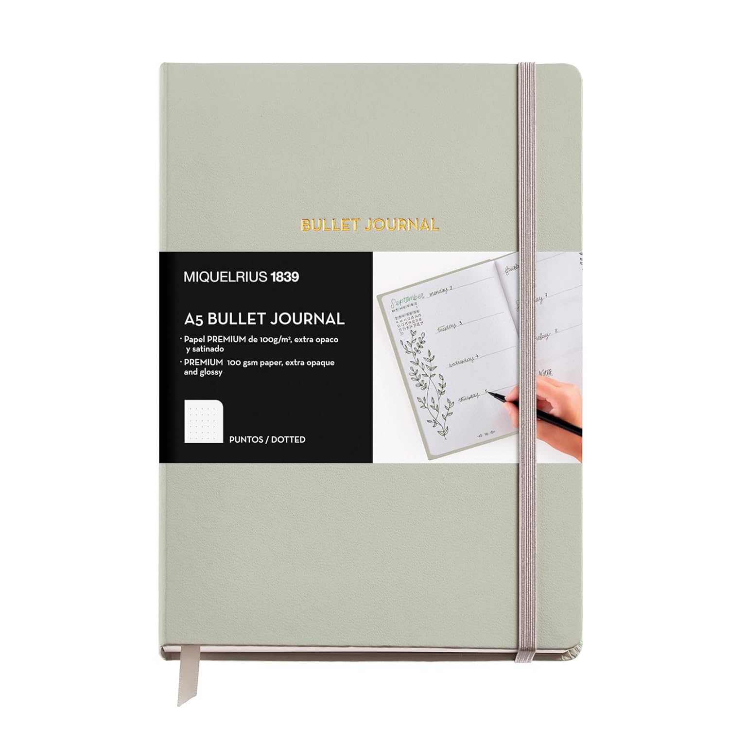 Miquelrius Bullet Journal Notebook - Hardback Faux Leather Cover with Elastic Closure, A5 Size 148 x 210 mm, 96 Sheets 100 g/m², Polka Dot Grid Interior