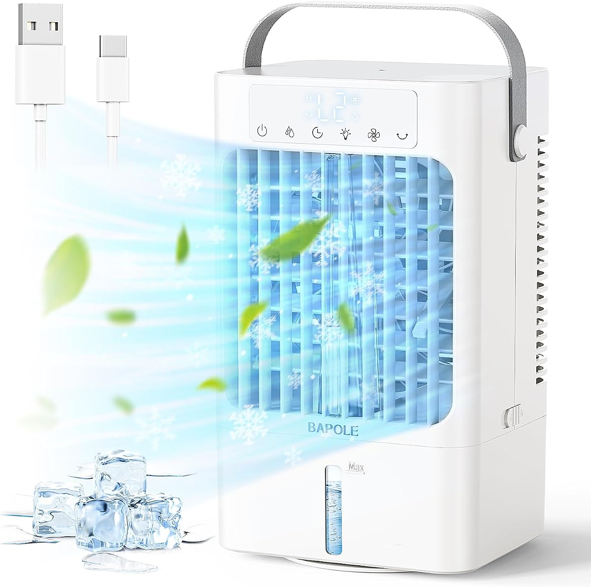 Aire acondicionado portátil con tanque y rociador de 900 ml, 4 velocidades de viento y luz de 7 colores, temporizador y ventilador de torre de enfriamiento oscilante de 90° para oficina en casa, dormitorio, camping - Enfriador personal alimentado por USB - Blanco
