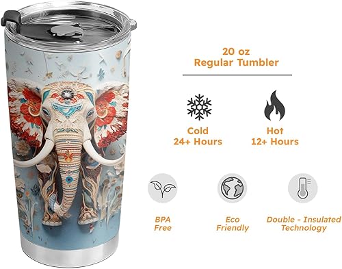 Miniatura 7 de ORCAE Vaso de elefante navideño de 20 onzas, diseño de copos de nieve, flores, elefante, colorido vaso de elefante floral, taza de viaje aislada con