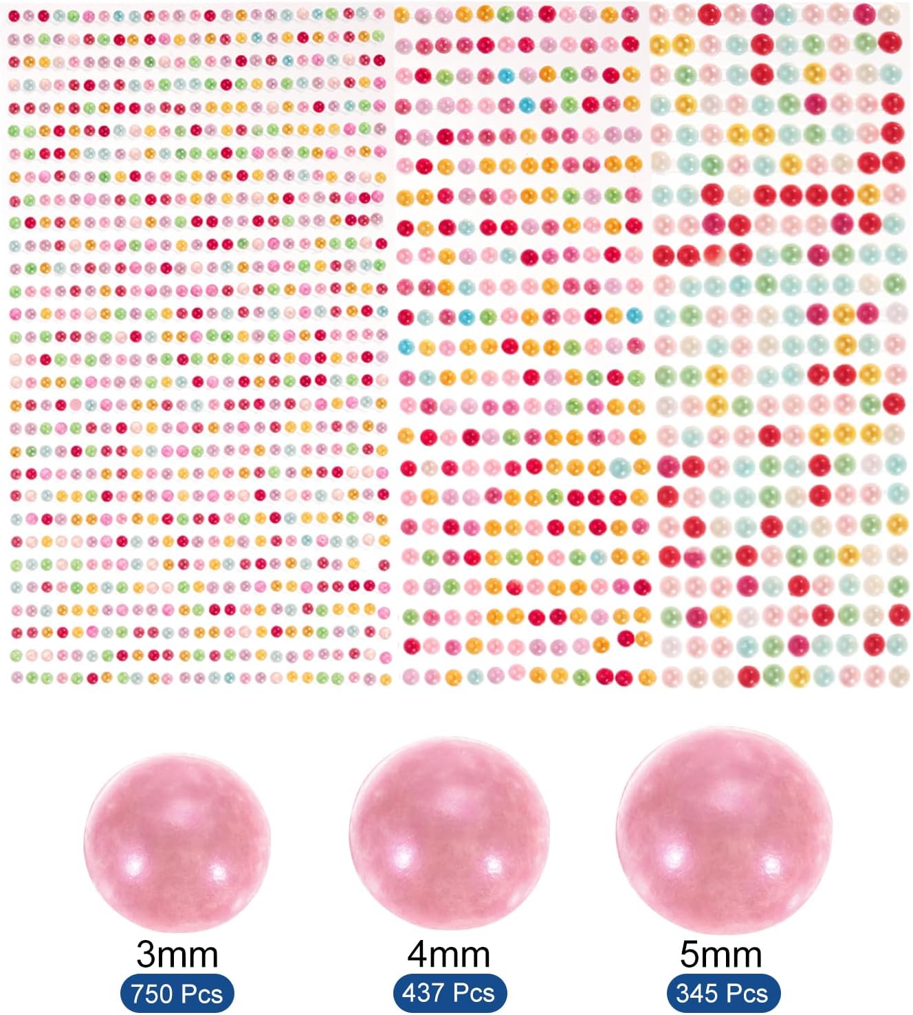 MECCANIXITY 1532Pcs 3 Sheets Rhinestone Stickers 3/4/5 mm Self Adhesive Rhinestones Gems Glitter Stickers for DIY Decoration Craft, Multicolored Pearl