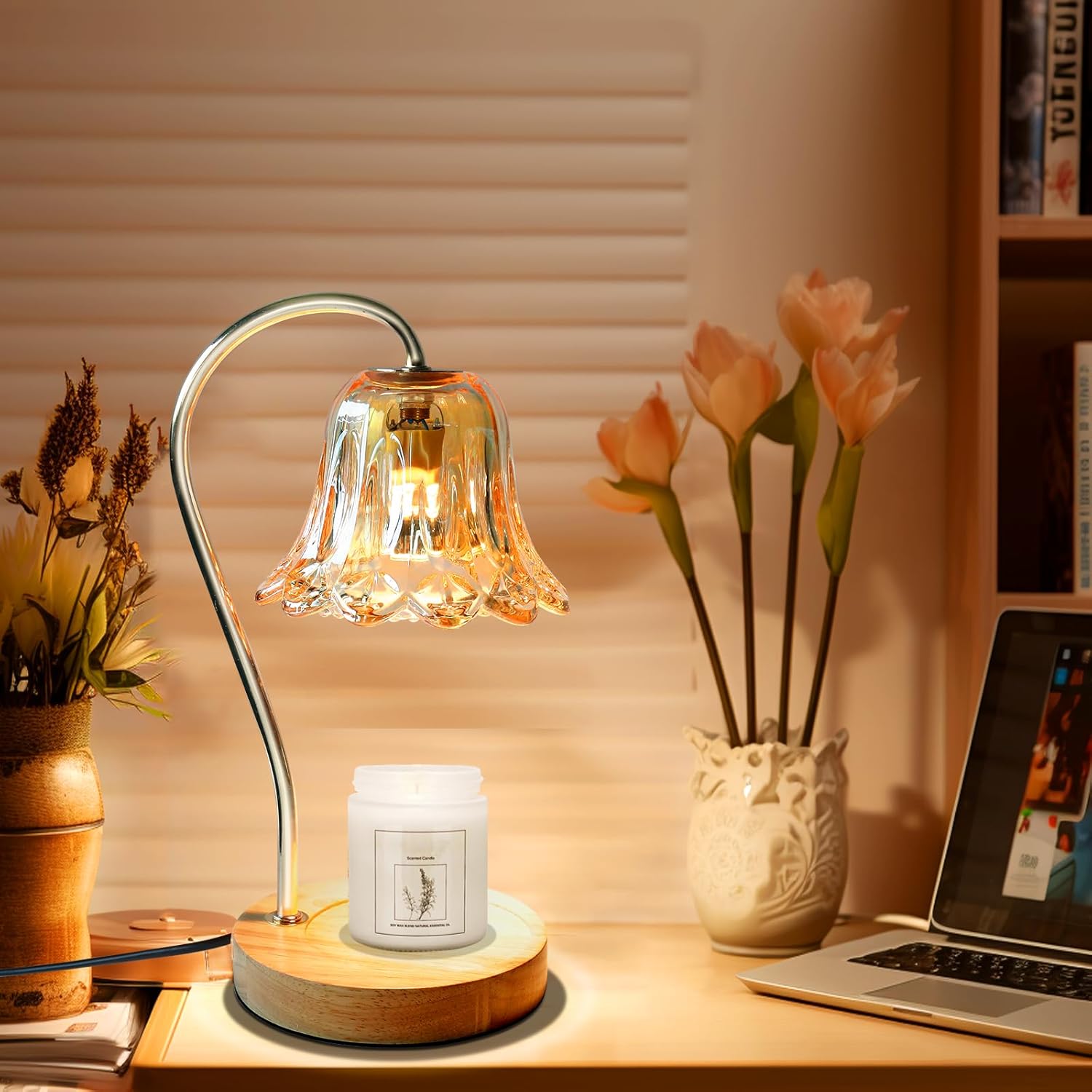 Candle Warmer Lamp with Timer & Dimmer, VKUSRA Candle Lamp with Crystal Flower Lampshade and 2 Premium Gu10 Bulbs, Modern Candle Lamp Warmer for Home Decor, Perfect Housewarming