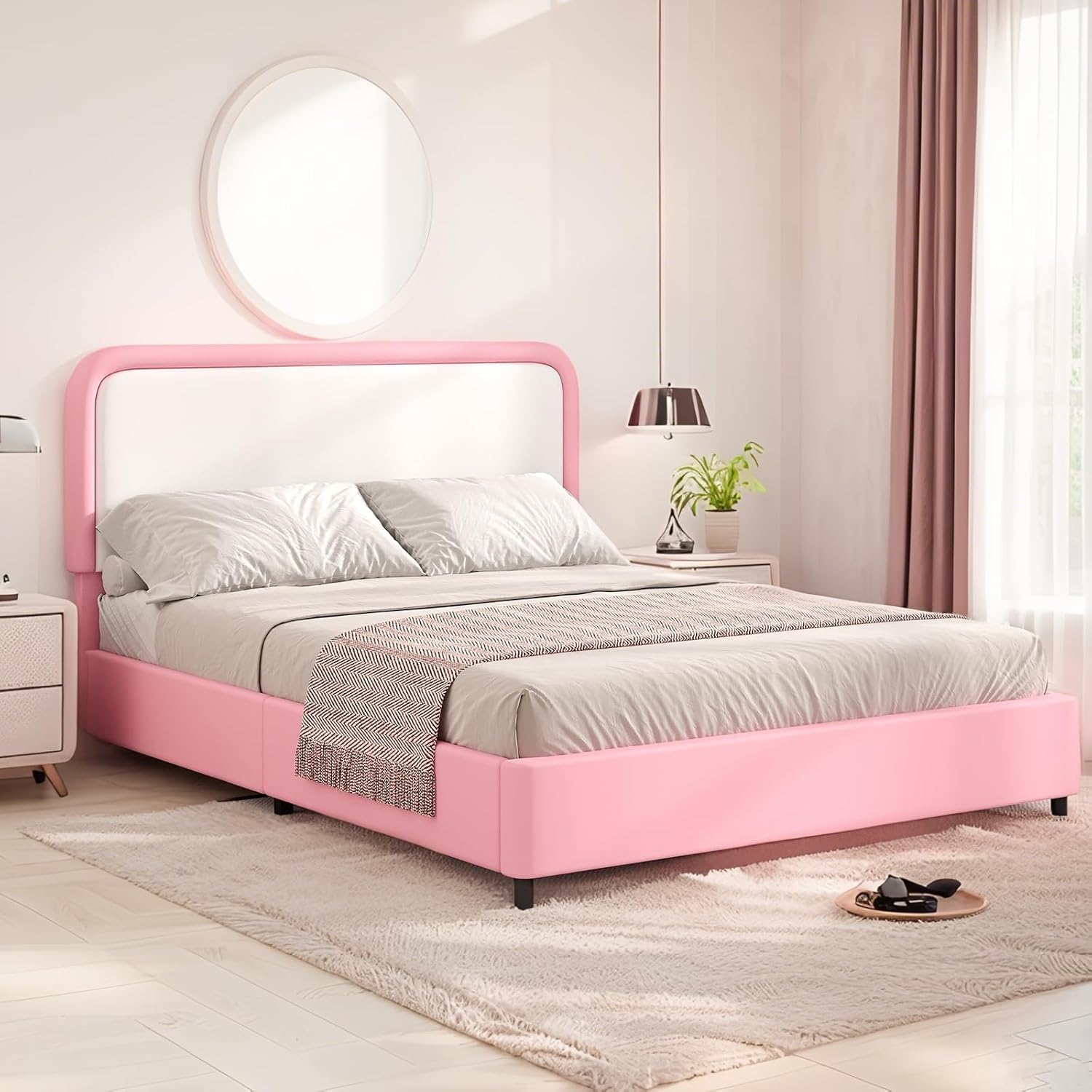 BarnFurin Upholstered Bed Frame Twin, Faux Leather Platform Bed with Curved Headboard, Classic Color-Blocking Design, Soft Rounded Corners, No Box Spring Required, Easy Assembly, White