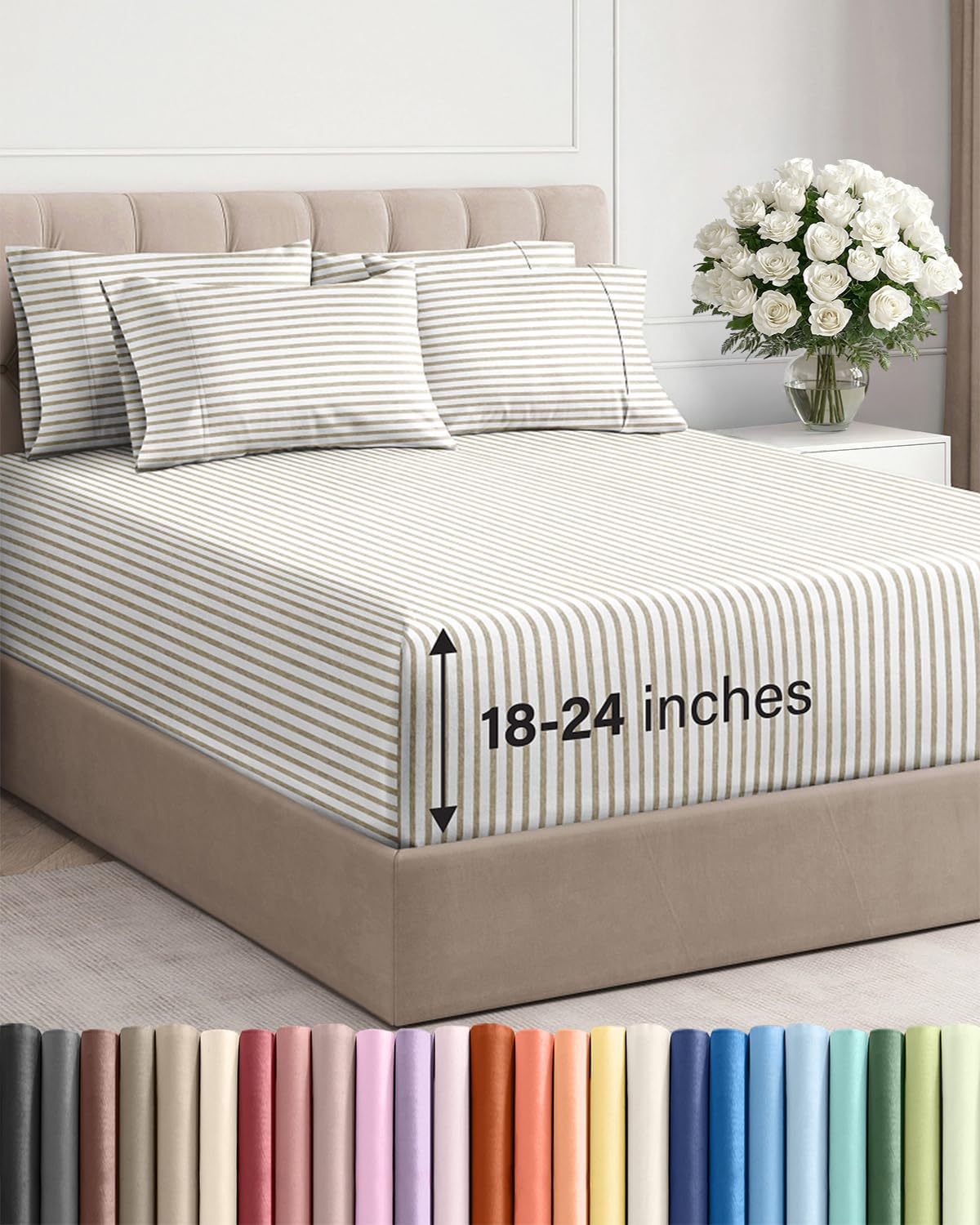 Extra Deep Cal King Sheet Set - 6 Piece Cooling Bed Sheets - Beige Stripes โ image 1