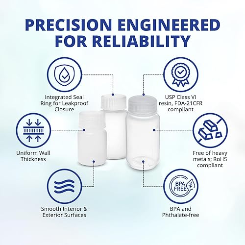Miniatura 2 de United Scientific® Unistore™ - Sample Containers with Lids - Laboratory Grade Polypropylene Wide Mouth Reagent Bottle - 2 Oz Bottles with Caps