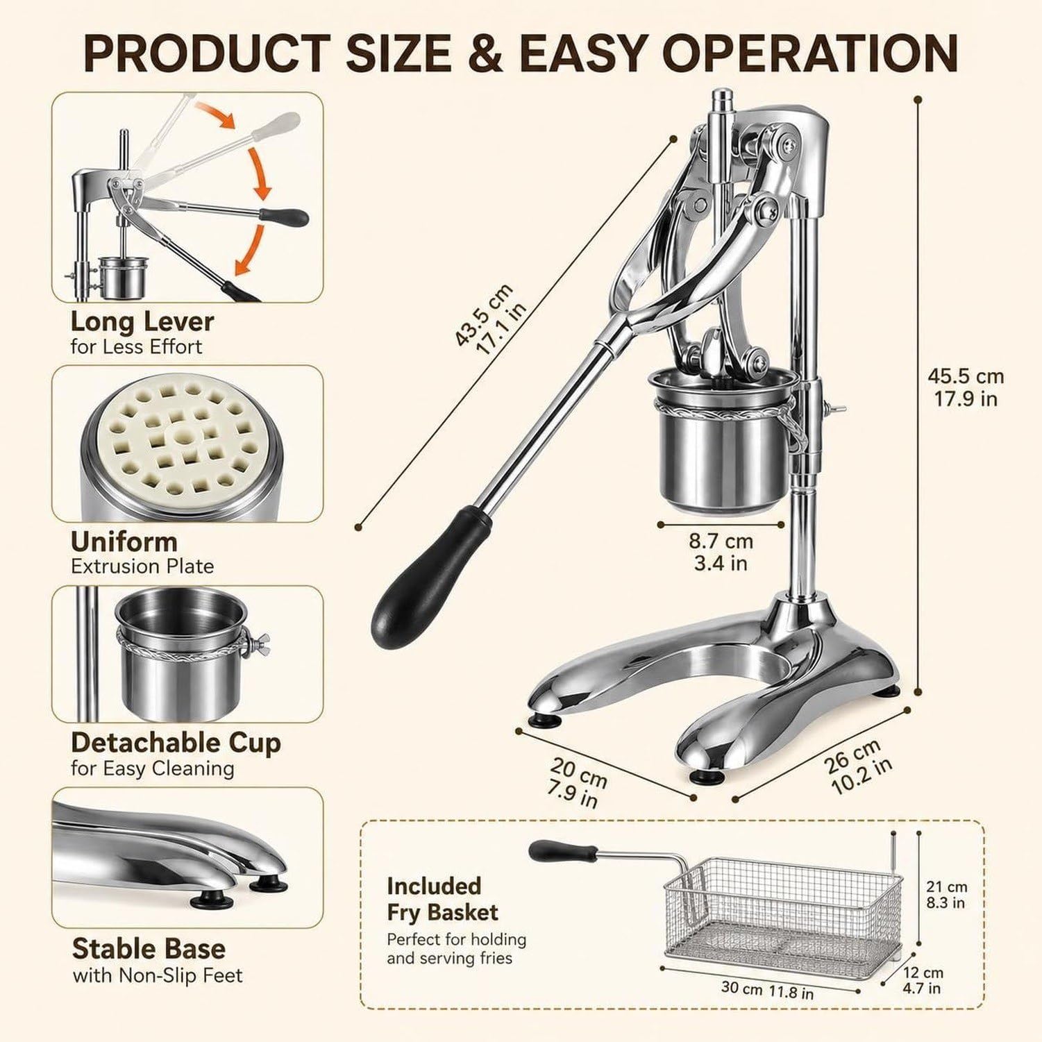 Pressa Manuale per Patatine Fritte a Leva, Taglia Patate da Cucina Professionale, Silver