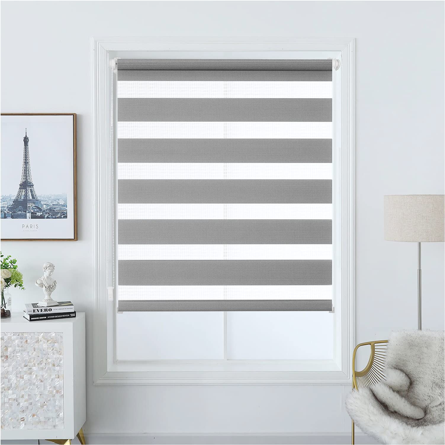 i@HOME Zebra Roller Blinds Day And Night Blinds Curtains Double Roller Blind No Drilling For Windows And Doors Gray 65X150CM