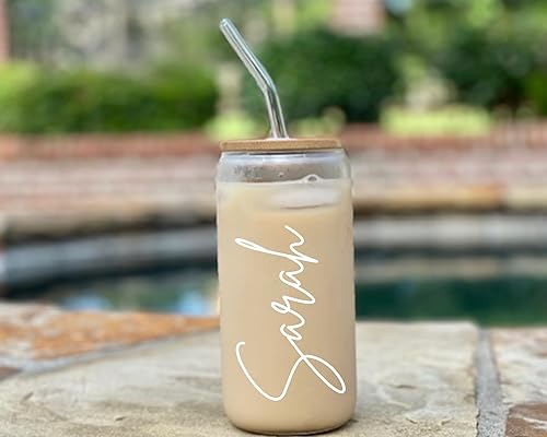 Miniatura 5 de Personalized Drinking Glasses with Bamboo Lids and Glass Straw16oz Can Shaped Glass Cups, Beer Glasses, Iced Coffee Glasses, Cute Tumbler Cup, Ideal
