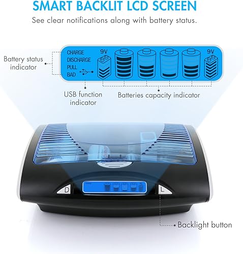 Miniatura 5 de Tenergy Cargador de batería inteligente para baterías NIMH/NICD AA/AAA/C/D/9V, cargador de batería recargable universal LCD con función