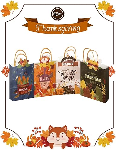 Miniatura 9 de qiqee Paquete de 24 bolsas de regalo de papel de Acción de Gracias con asas a granel de 8.26 x 6 x 3.15 pulgadas, bolsas de regalo de calabaza,