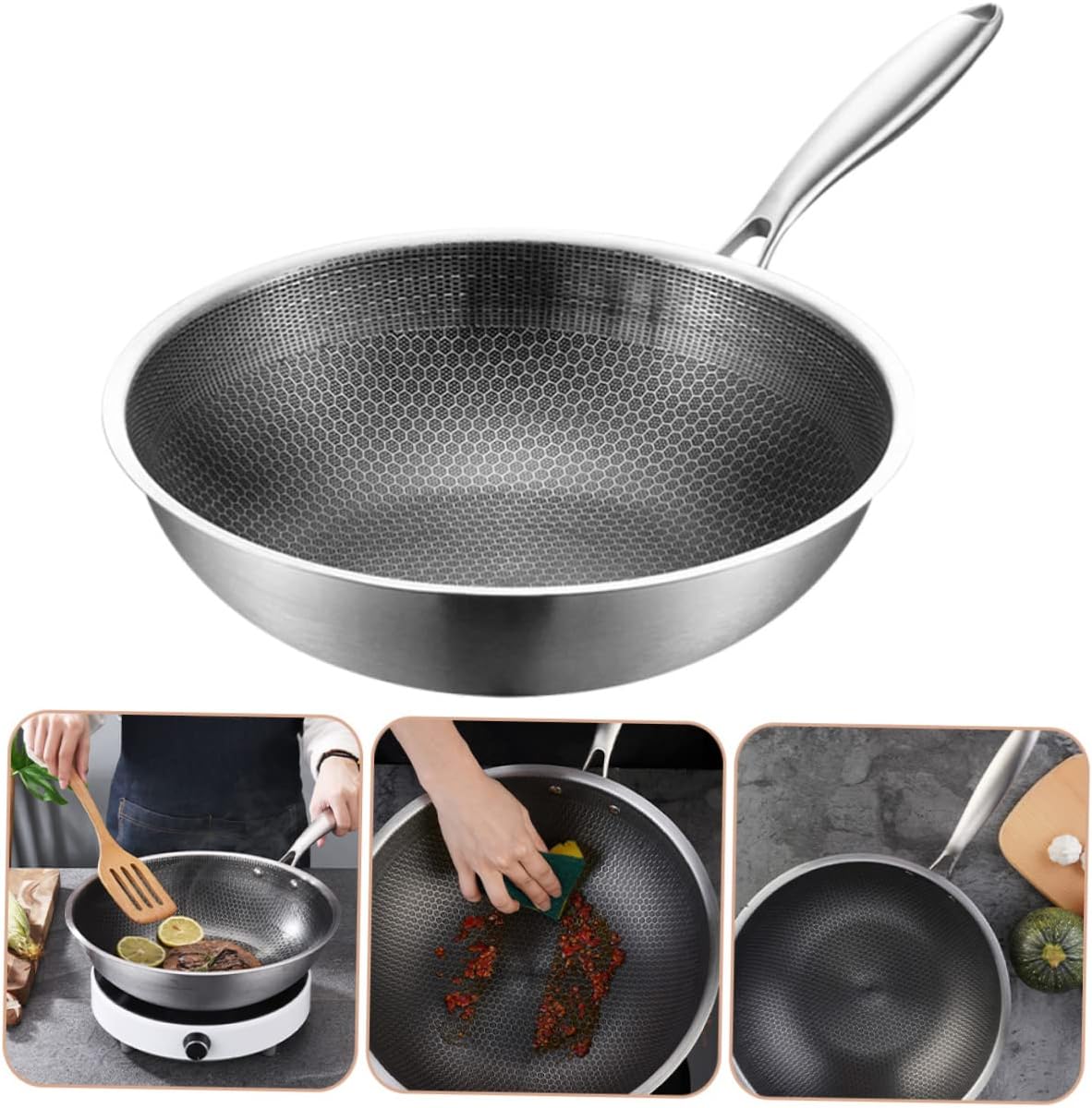Stainless Steel Wok Stainless Steel Frying Pan Home Wok Pan Woks for Gas Stove Induction Stove Wok Woks Pan for Induction Stove Everyday Pan Chinese Wok Pan Grilling Pot
