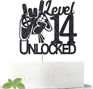 Cos mos Video Game Level 14 Unlocked Birthday Cake Topper Black Glitter Boys 14th Birthday Cake Decorations Level Up Winner Party Decoration Supplies