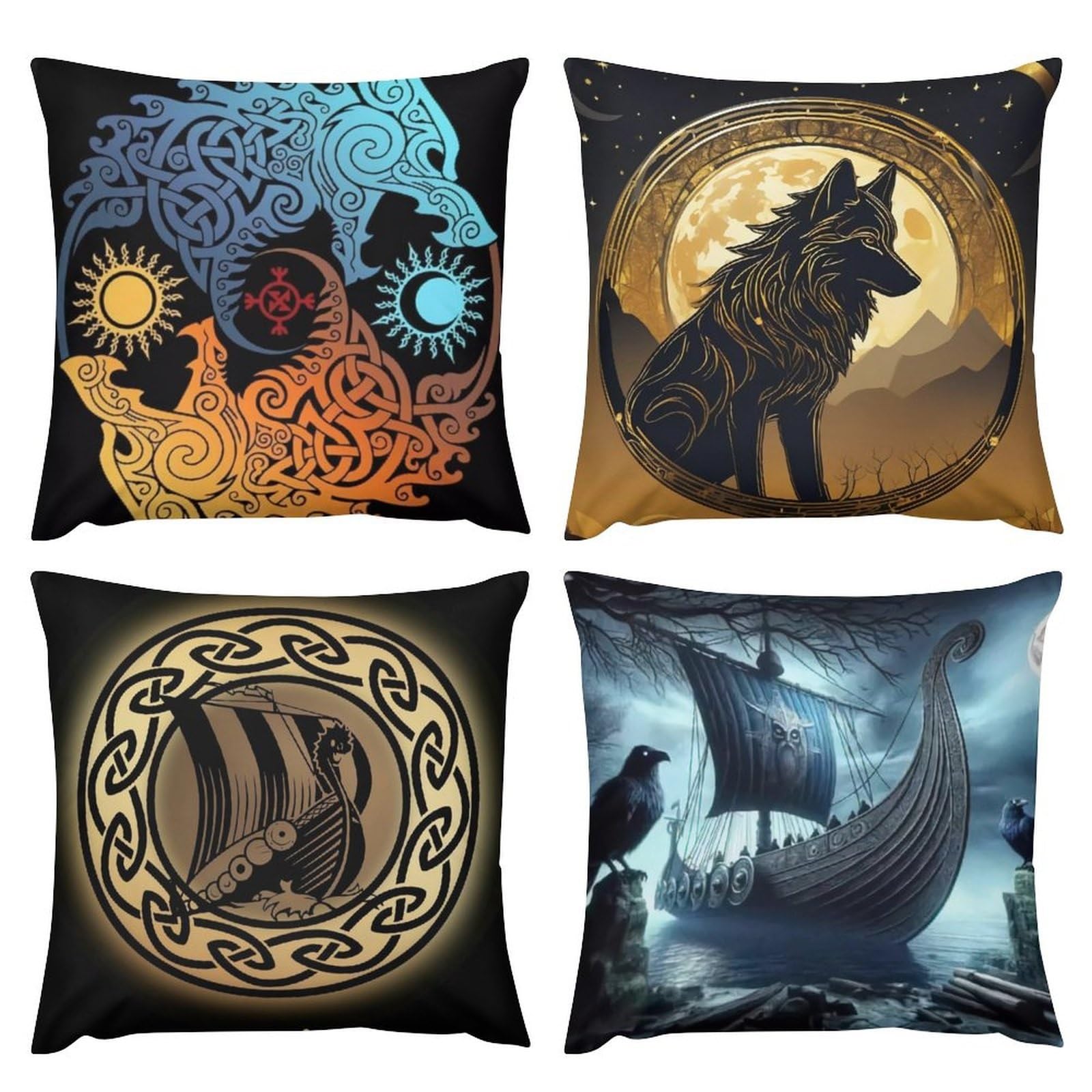 Housse de coussin brodée d'histoire nordique avec le corbeau d'Odin et runes antiques