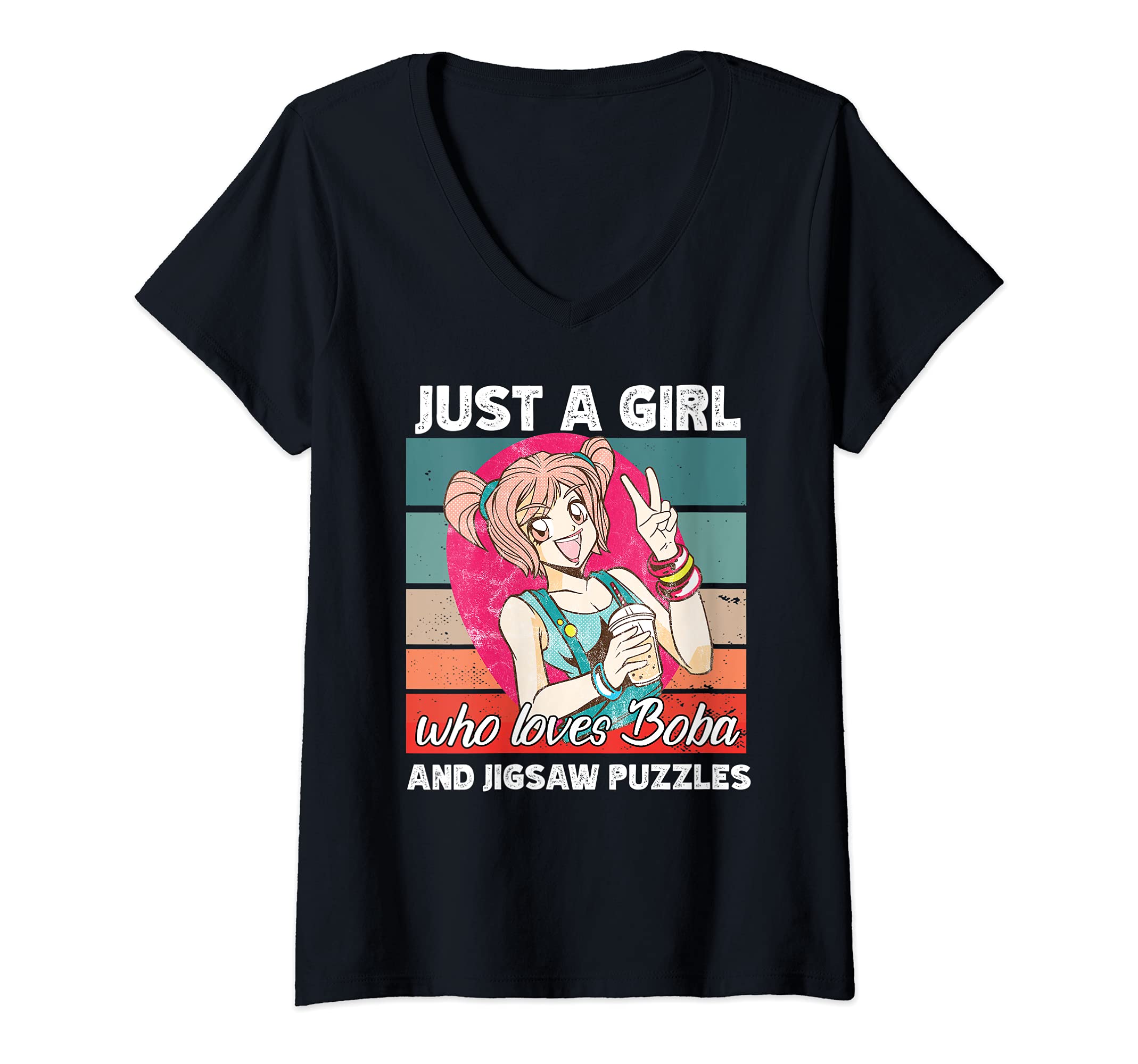 Womens Just a girl who loves boba and Jigsaw puzzles kawaii V-Neck T-Shirt