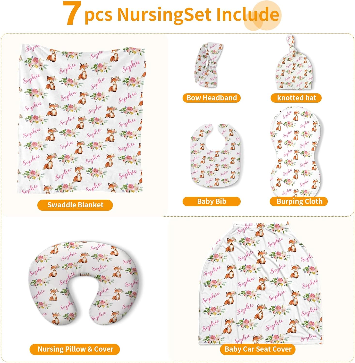 Custom Baby Nursing Swaddling Set: Personalized Custom Name Pink Swaddle Blanket Car Seat Cover Bow Headband Hat Nursing Pillow for Infant Girl Boy Watercolor Fox Animal Pattern