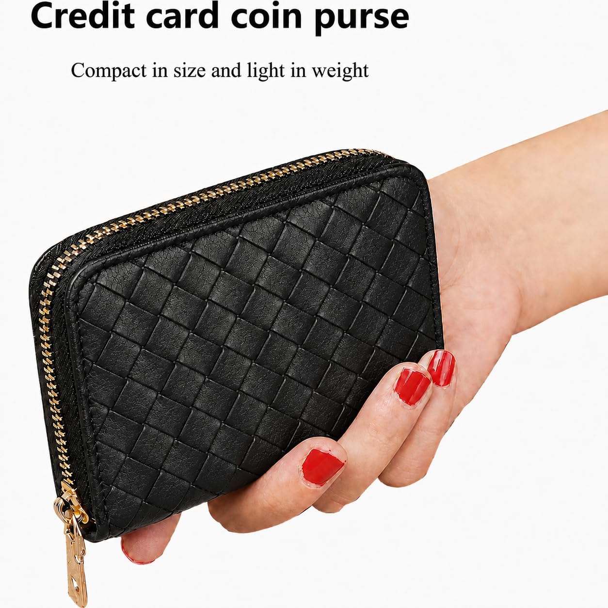 Ladies change card bag, zip storage bank card case, small portable 11 large capacity pouch, holds banknote change credit card(Braided pattern in black)
