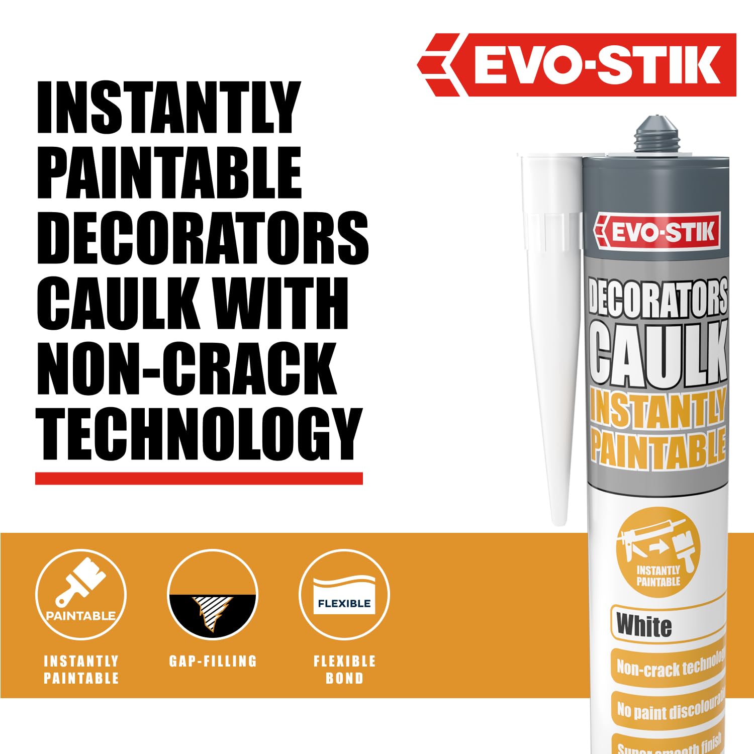 EVO-STIK Instantly Paintable Decorators Caulk White, Can be Overpainted Immediately, Won’t Crack or Discolour, Smooth Finish, 290ml - Image 3