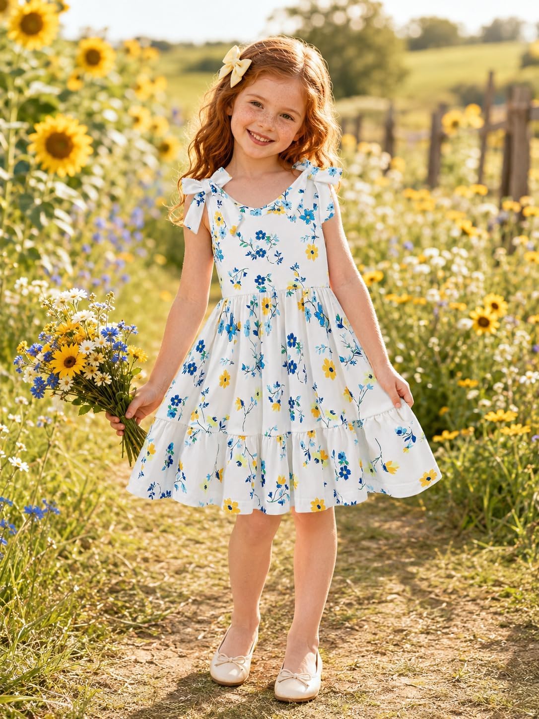 Toddler Girls Summer Dress Bow-Tie Straps V Neck Party Dresses Cute Floral Printed Sleeveless Beach Sundress