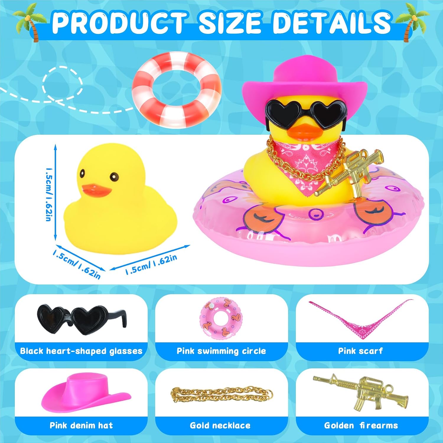 Funny Pink Cowboy Rubber Ducks with Hat, Sunglasses, Necklace, Scarf, Gun, and Swim Ring - Squeaky Car Dashboard Decor, DIY Fashion Accessory for Car, Home, Office, Gift