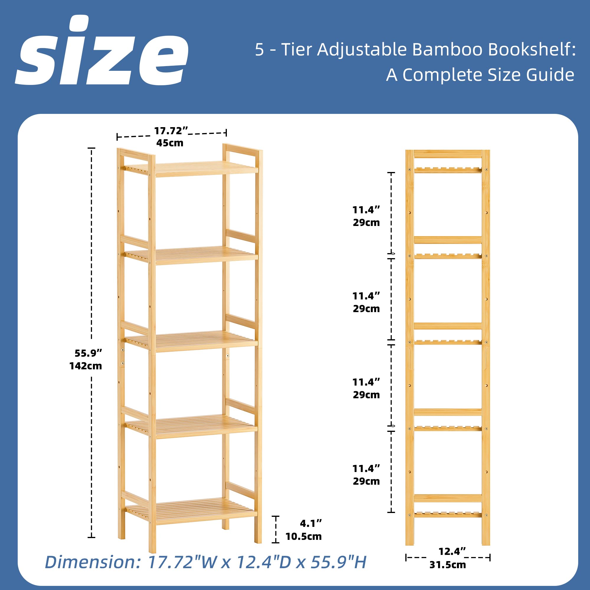 HITNET 5-stöckiges Bambus-Bücherregal - Hohes schmales Regal mit verstellbaren Böden, Freistehendes Aufbewahrungsregal für Wohnzimmer, Badezimmer & Küche, Naturfinish