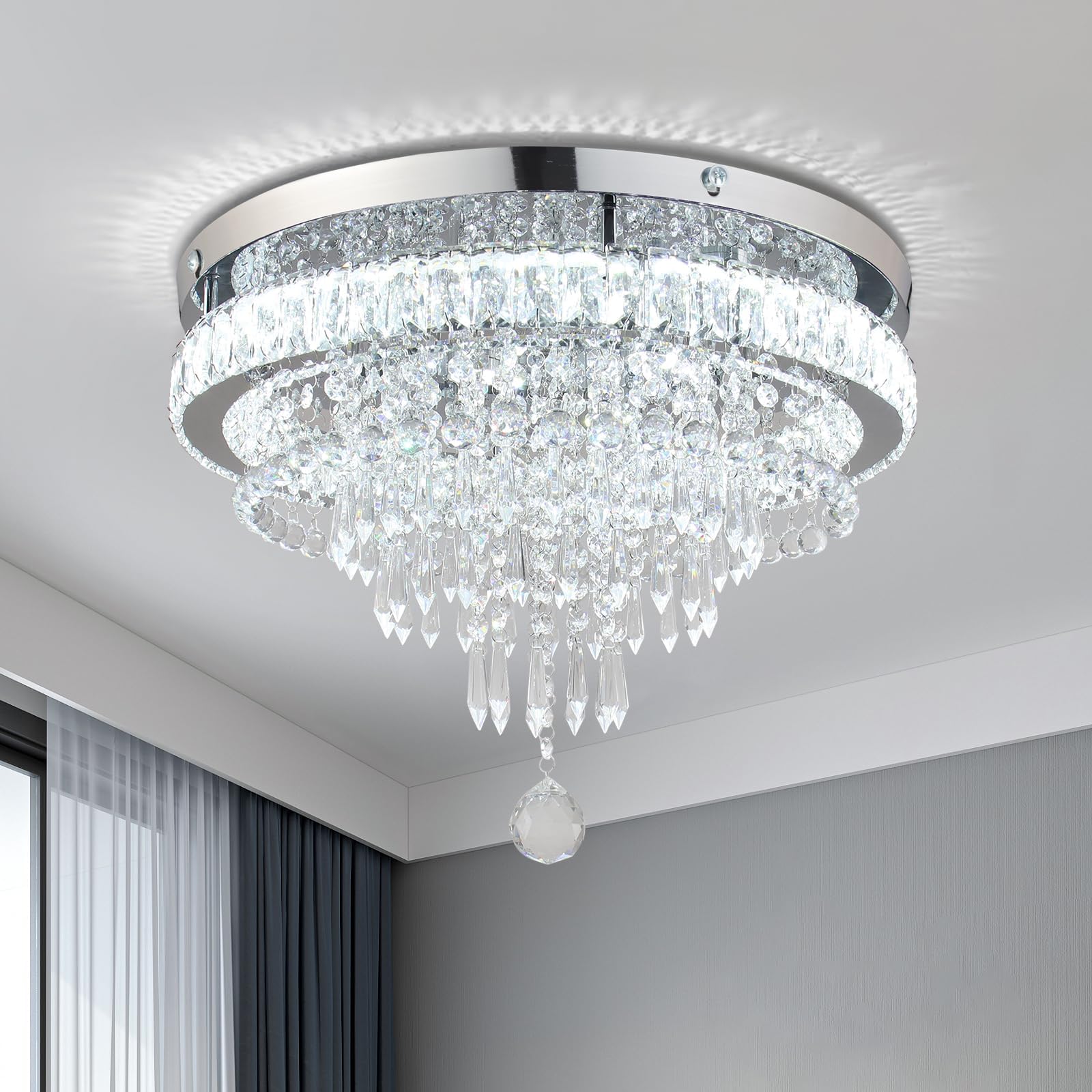 FRIXCHUR 19.7" Crystal Chandeliers Crystal Ceiling Light Fixtures Modern Flush Mount Light LED Chandelier Lamp for Living Room Bedroom Dining Room 6500K Cool White