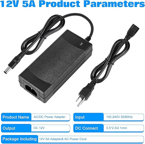 Miniatura 5 de Fuente de alimentación 12V 5A, CA 100-240V a DC12V 60W Convertidor Adaptador Transformador de controlador con conector de 0.217 in x 0.098 in,