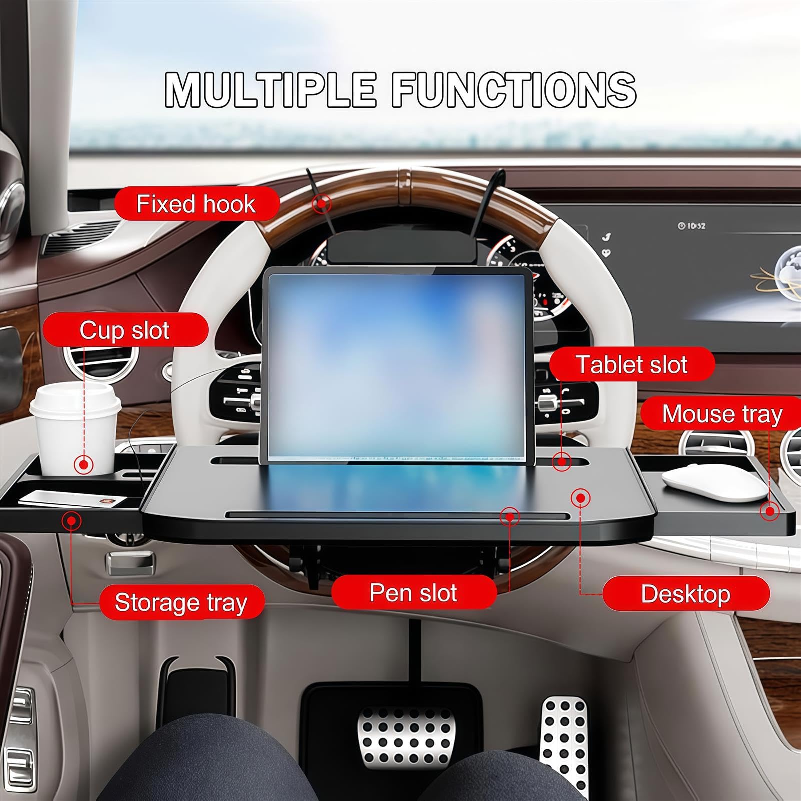 Tavolino portatile per sedile auto, multifunzione, in lega di alluminio, per mangiare, viaggiare, lavorare, scrivere