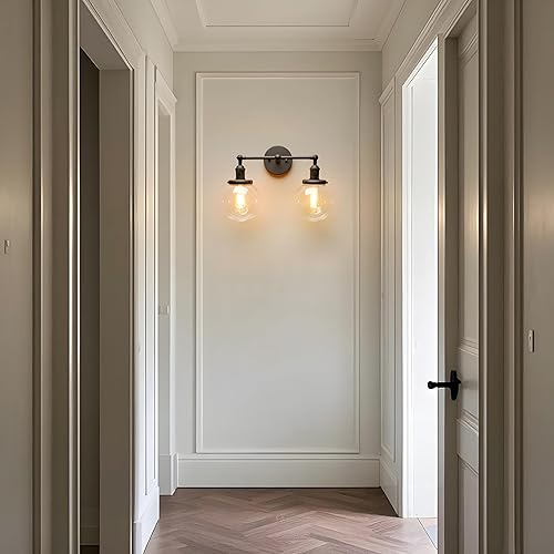 Miniatura 9 de PERMO Apliques de pared doble vintage industriales antiguos con 2 luces con doble cúpula de vidrio transparente claro de 5.9" redonda (Negro)