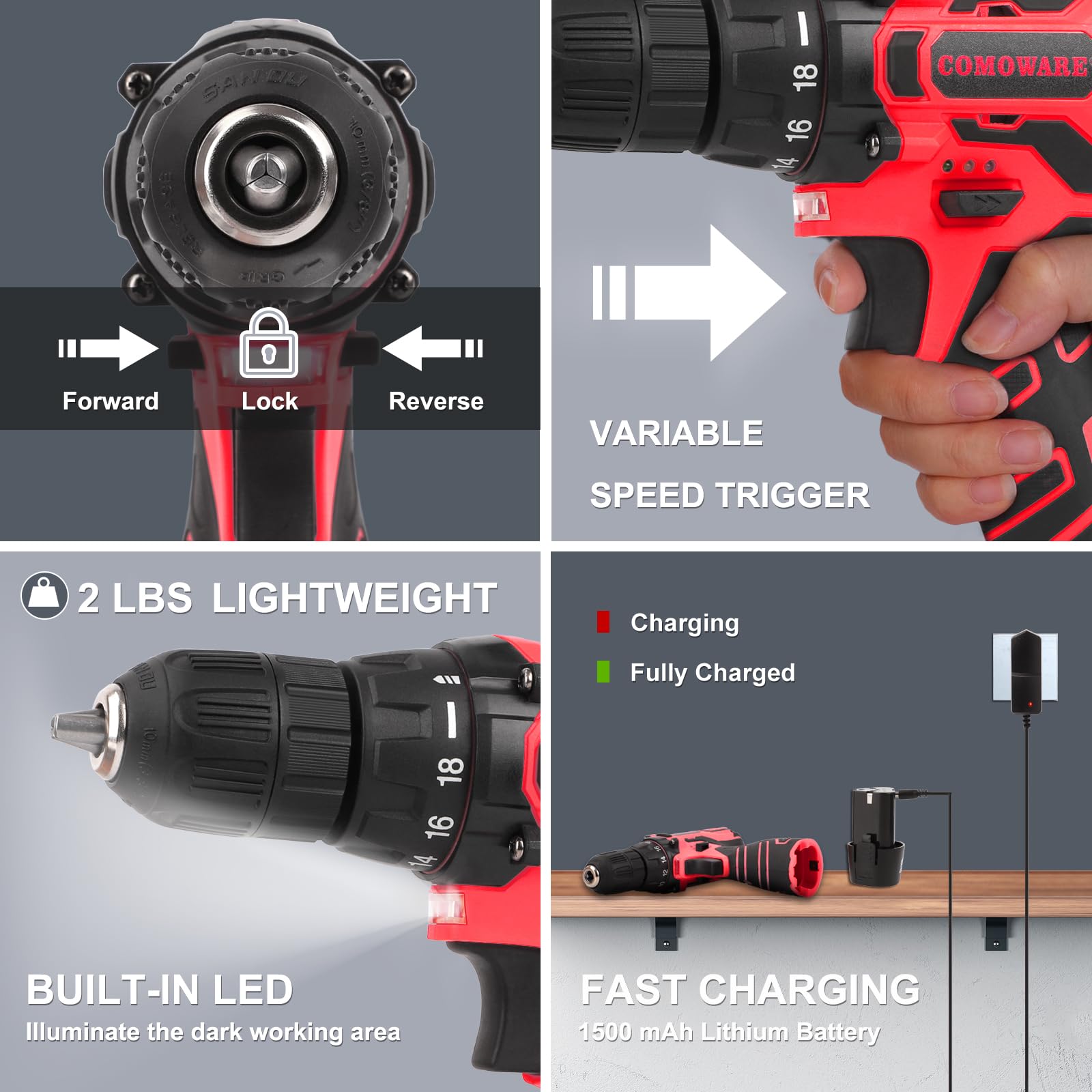 COMOWARE Kit di attrezzi per la casa da 169 pezzi con trapano elettrico senza fili da 12 V, multi-task per riparazioni e manutenzione fai da te, borsa rossa inclusa