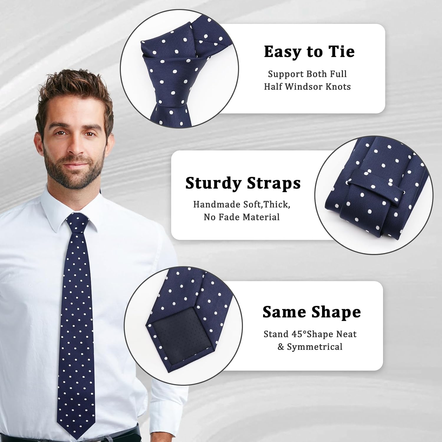 LJBFNN Mens Tie and Pocket Square Combo, Black Blue and White Polka Dot Ties for Men with Handkerchief for Business Tuxedo