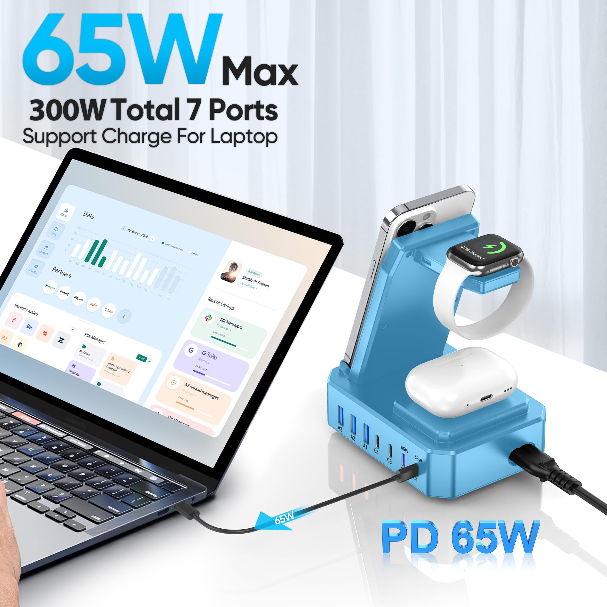 Estación de carga de 300 W para múltiples dispositivos Apple, zutspzss Cargador inalámbrico 10 en 1 para iPhone 16, GaN III USB C 65W PD Base de carga rápida para Apple Watch y Airpods, azul