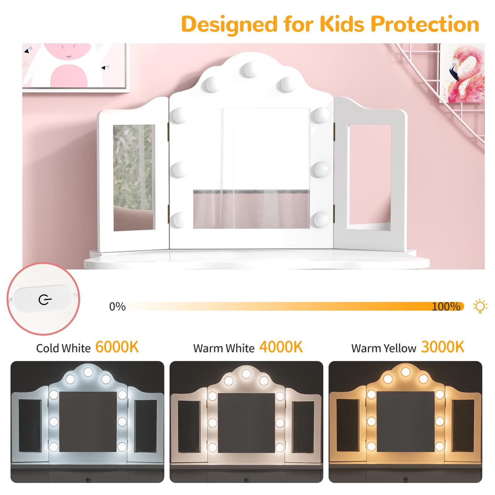 LIFEZEAL toeletta 2 in 1 per bambini con sgabello e cassetto, tavolo da trucco BIMBI con triplo specchio e 9 luci a LED in 3 modalità, antiribaltamento per Ragazzi dai 3 anni in su (Bianco)